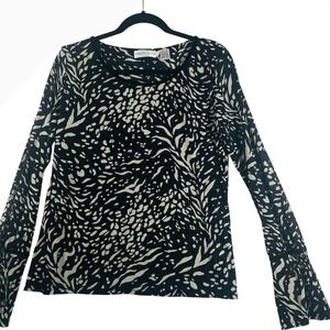 Dana Buchman Animal Print Top Velvet Trim Long Sleeve Blouse‎ Size L Black
